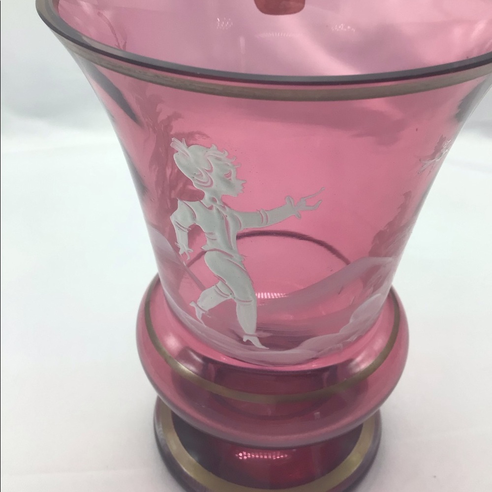 Mary Gregory cranberry vase with boy and bird 8 in